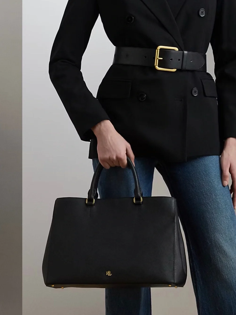 Ralph Lauren Hanna Black Leather Satchel Handbag Crosshatch
